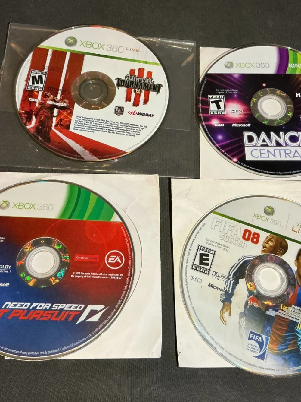 Need For Speed hot pursuit&FIFA 08&Dance Central&Unreal Tournament 3  Xbox 360